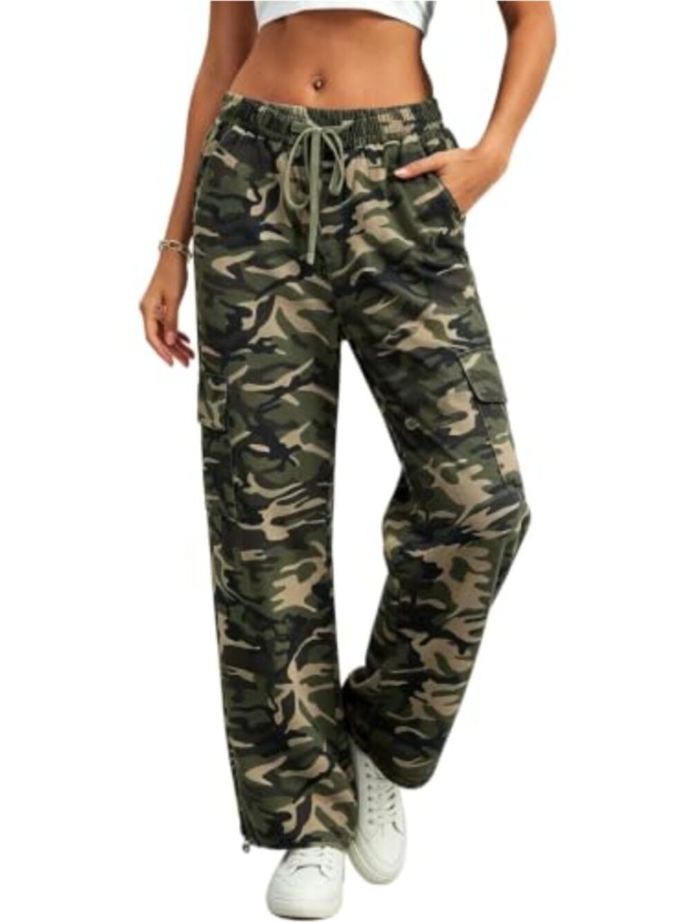 Womens Camo Cargo Pants Wide Leg Drawstring Waist Cotton Trousers